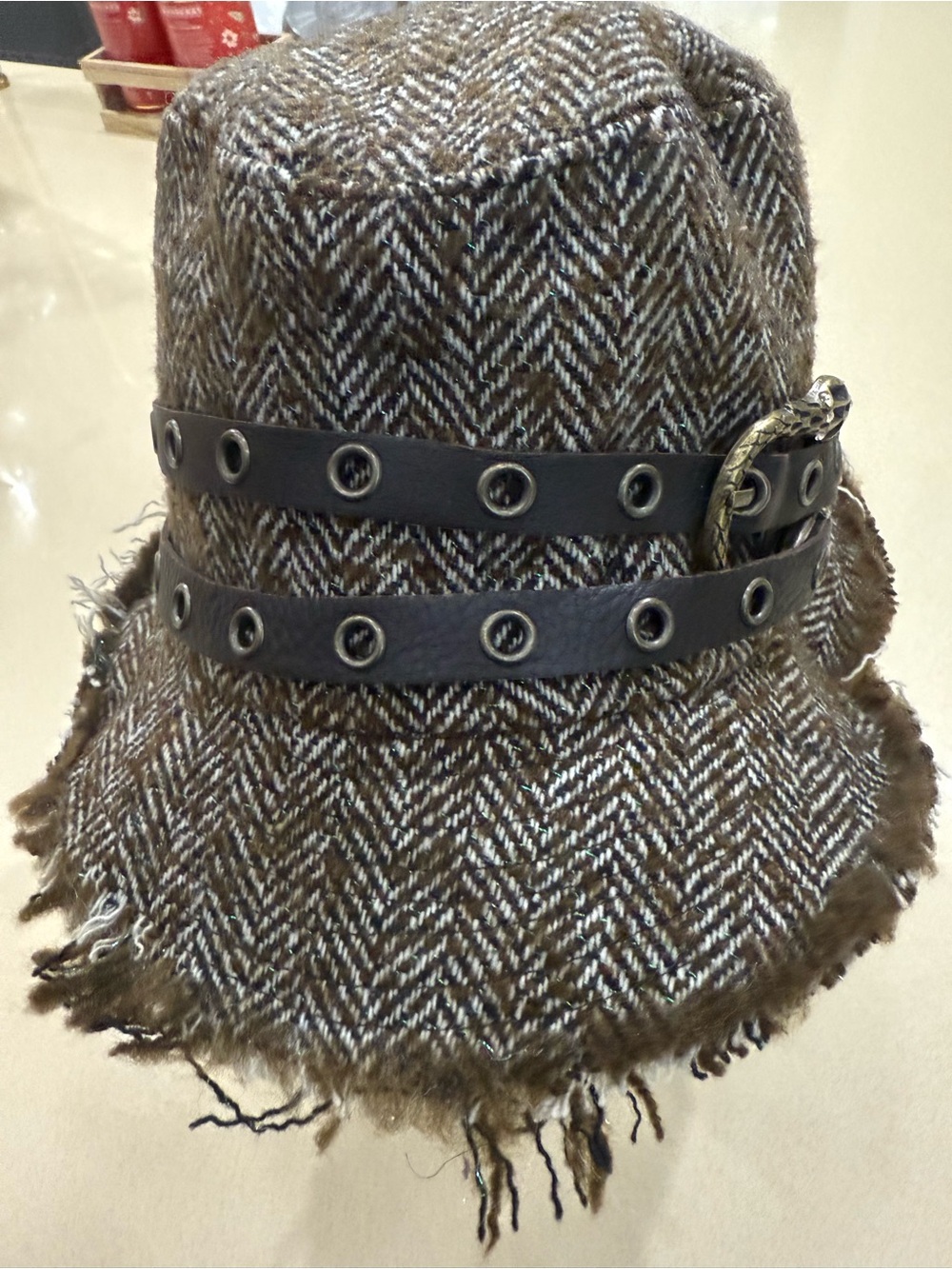 DREW Brown Herringbone Bucket Hat with Double Black Studded Bands
